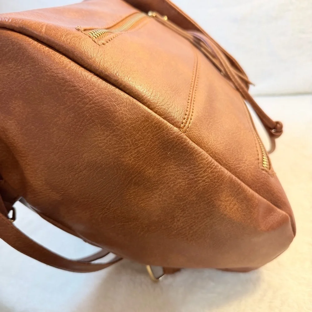 Under One Sky Brown Vegan Leather BOHO‎ Backpack Sherpa Trim Matching Coin Purse